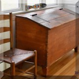F40. Rush seat chair and antique bin with iron hinges. 